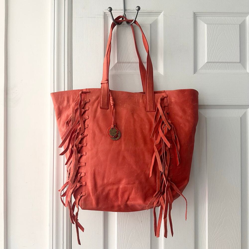 Lucky Brand Orange Soft Leather Fringe Side Trim Tote Bag Boho Western